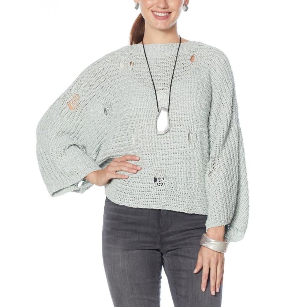 WynneLayers Open Stitch Distressed Look Sweater Knit Popover in Vapor